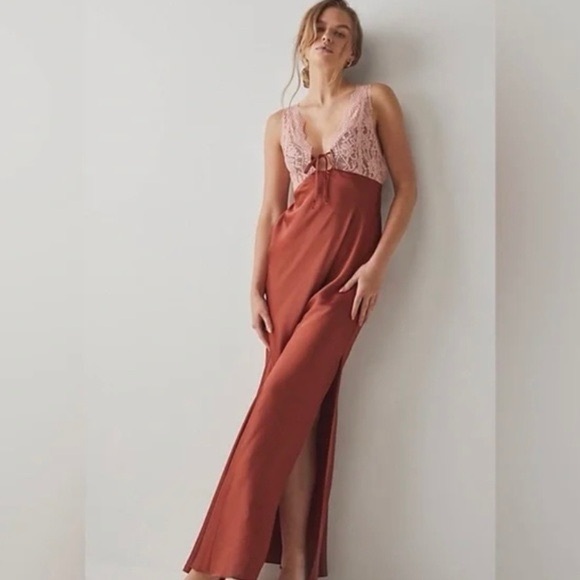 NWT Free People Sparkling Cider Slip Dress L Terra Cotta Satin Lace Maxi - Picture 2 of 10